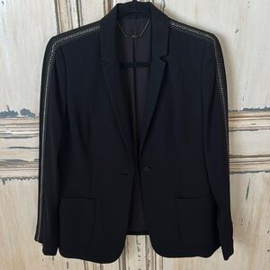 Black Elie Tahari Blazer size 8 with chain trim down each sleeve.